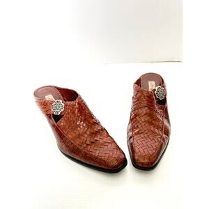Brighton Woven Leather Mule Heels Womens 10 Cognac Brown Slip On Shoes